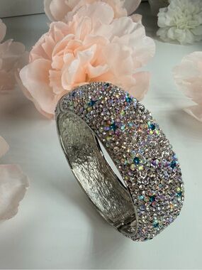 Crystal Pave Silver Bangle Bracelet - Sparkling Multicolor Accent